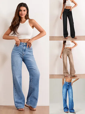 Women High Waist Straight Leg Jeans Stretch Cotton Denim Washed Streetwear Pants Spring Denim Bottoms