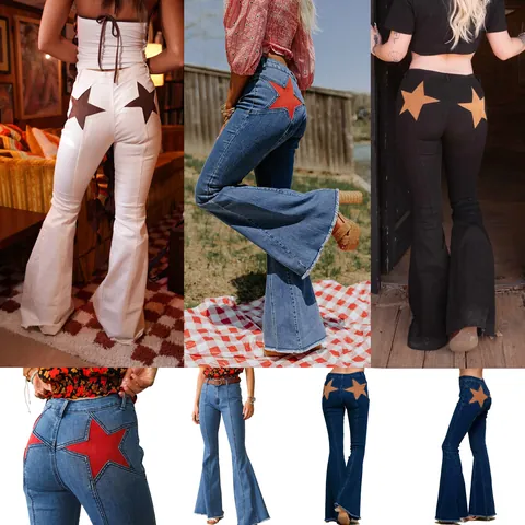Women Sexy Star Patchwork Flare Jeans High Waist Stretch Denim Pants Vintage Frayed Hem Bell Bottom Trousers