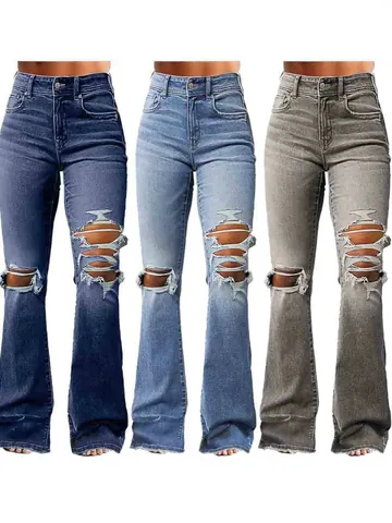 Women Retro Blue Ripped Flare Jeans High Waist Distressed Denim Pants Slim Fit Frayed Hem Stretchy Bell Bottom Jeans
