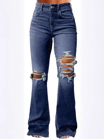 Women Retro Blue Ripped Flare Jeans High Waist Distressed Denim Pants Slim Fit Frayed Hem Stretchy Bell Bottom Jeans