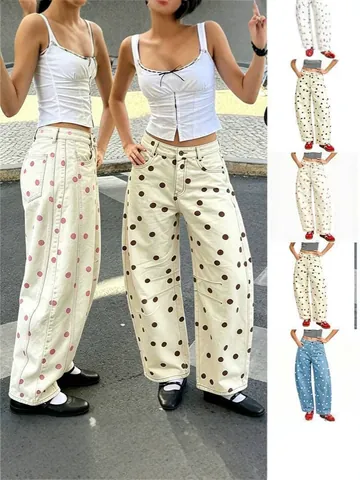 Women Polka Dot Denim Jeans Loose Curved Leg Barrel Pants Low Waist Casual Printed Denim Trousers Streetwear Bottoms
