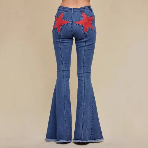 Women Sexy Star Patchwork Flare Jeans High Waist Stretch Denim Pants Vintage Frayed Hem Bell Bottom Trousers