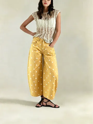 Women Polka Dot Barrel Jeans High Waist Wide Leg Denim Pants Ankle Length Curved Leg Casual Loose Trousers