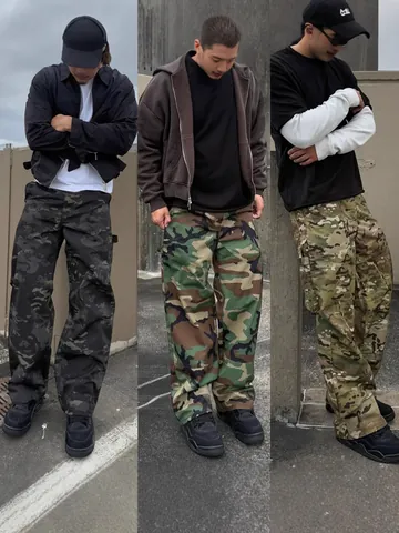 Men Relaxed Straight Camouflage Cargo Pants Cotton Denim Multi Pocket Streetwear Military Style Water Washed Long Jeans