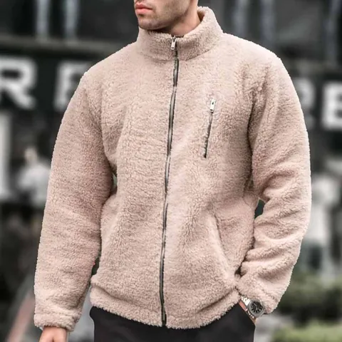 Men's Stand Collar Polar Fleece Jacket Full Zip Casual Loose Warm Sherpa Outwear Winter Polyester Solid Color Long Sleeve Top