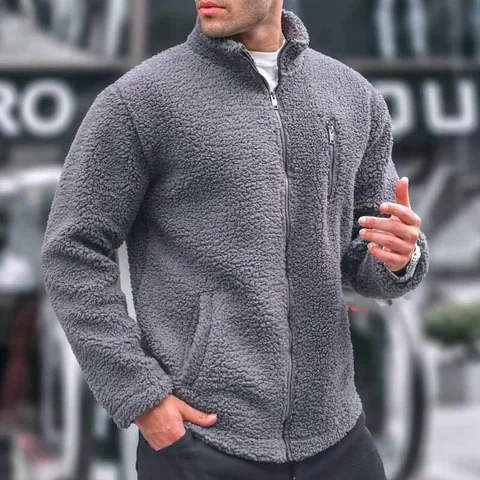 Men's Stand Collar Polar Fleece Jacket Full Zip Casual Loose Warm Sherpa Outwear Winter Polyester Solid Color Long Sleeve Top