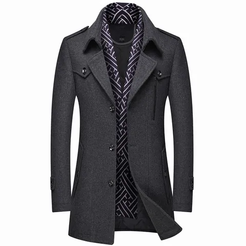 Men Woolen Overcoat Thickened Mid-length Trench Coat Scarf Collar Single-breasted Business Casual Winter Outerwear Top