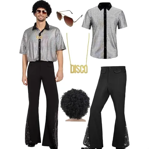 Men's 70s Disco Costume Set Retro Performance Outfit With Shiny Shirt Flared Pants Wig Sunglasses Necklace Christmas Party Wear