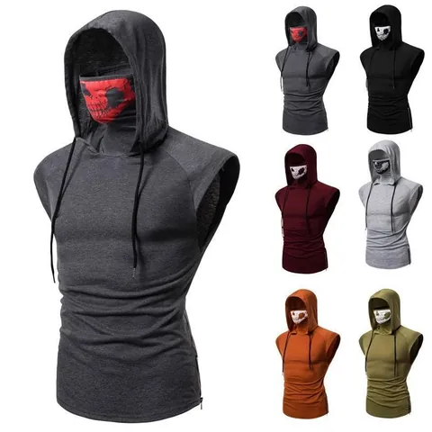 Men's Sleeveless Hooded T-Shirt Skull Print Integrated Mask Casual Vest Side Zipper High Neck Streetwear Pullover Top