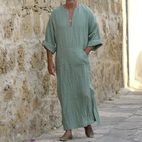 Men's Ethnic Style Loose Kaftan Robe V-Neck Long Sleeve Casual Solid Polyester Robe With Pockets For Men Plus Size Fashion