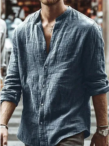 Herren Casual Leinen Baumwollmischung Hemd Langarm Stehkragen Locker Passend Einfarbig Mode Urban Atmungsaktives Hemd Herren