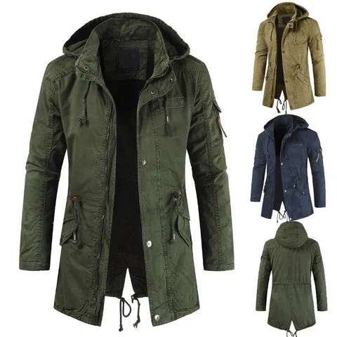 Men's Hooded Jacket Slim Fit Mid-Length Cargo Coat Casual Zip Up Solid Color Windbreaker With Pockets Drawstring Outwear Top
