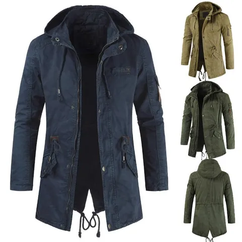 Men's Hooded Jacket Slim Fit Mid-Length Cargo Coat Casual Zip Up Solid Color Windbreaker With Pockets Drawstring Outwear Top