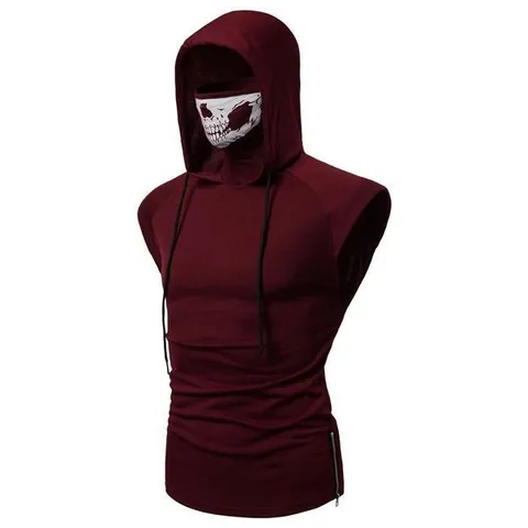 Men's Sleeveless Hooded T-Shirt Skull Print Integrated Mask Casual Vest Side Zipper High Neck Streetwear Pullover Top