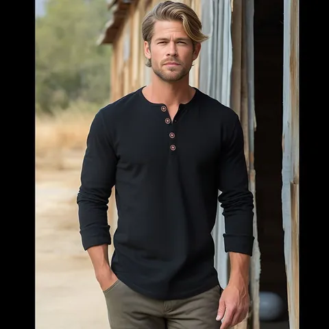 T-shirt Henley à Manches Longues pour Hommes Coton Décontracté Slim Fit Patte à 4 Boutons Basique Couleur Unie