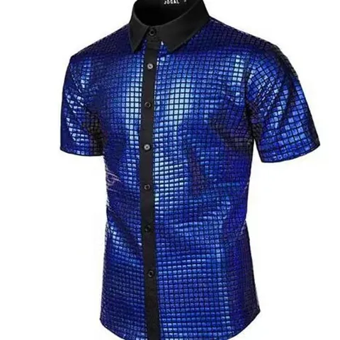Men Retro 70s Disco Party Sequin Shirt Short Sleeve Button Down Sequined Sparkly Costume For Stage Performance Cosplay Outfit