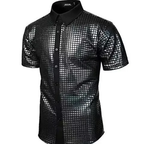 Men Retro 70s Disco Party Sequin Shirt Short Sleeve Button Down Sequined Sparkly Costume For Stage Performance Cosplay Outfit