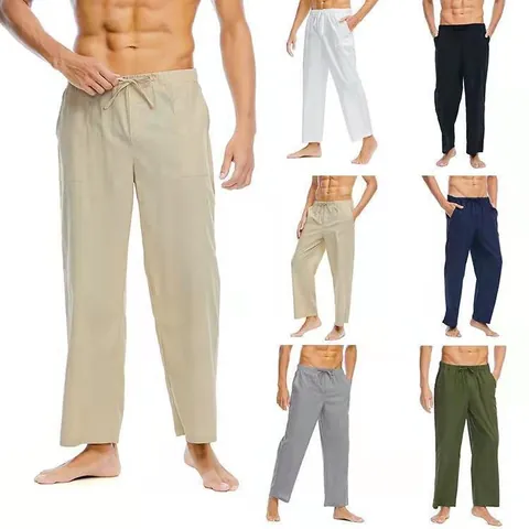 Pantaloni Casual in Lino da Uomo Gamba Dritta Coulisse in Vita Pantaloni Traspiranti da Spiaggia Estivi per Uomo