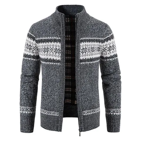 Men Fleece Lined Knitted Cardigan Stand Collar Zipper Sweater Jacket With Snowflake Print Acetate Cotton Blend Casual Warm Outwear