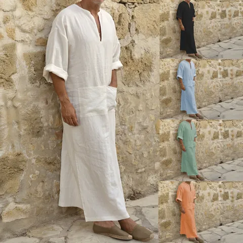 Men's Ethnic Style Loose Kaftan Robe V-Neck Long Sleeve Casual Solid Polyester Robe With Pockets For Men Plus Size Fashion