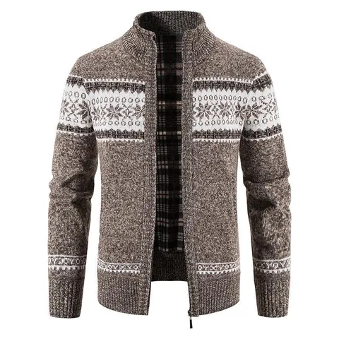 Men Fleece Lined Knitted Cardigan Stand Collar Zipper Sweater Jacket With Snowflake Print Acetate Cotton Blend Casual Warm Outwear