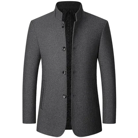 Men Stand Collar Wool Blend Jacket Mid-Aged Business Casual Winter Padded Coat Quilted Lining Button Front Outerwear