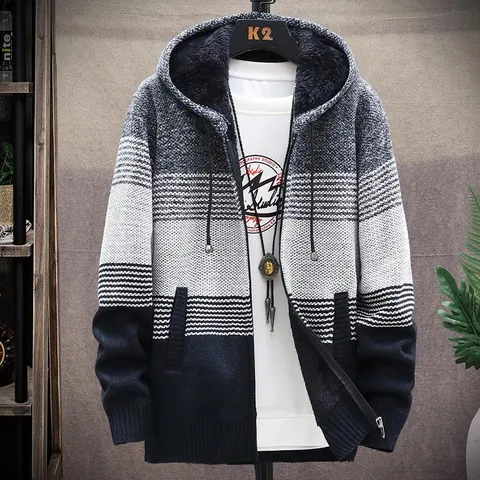 Men's Hooded Cardigan Sweater Thickened Fleece Lined Warm Knit Jacket Gradient Striped Zip Up Winter Casual Outerwear Top