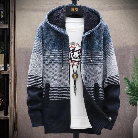 Men's Hooded Cardigan Sweater Thickened Fleece Lined Warm Knit Jacket Gradient Striped Zip Up Winter Casual Outerwear Top