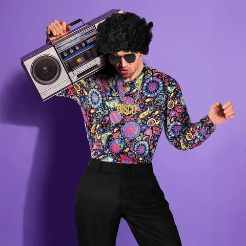 Men 70s Disco Outfit Retro Floral Milk Silk Shirt And Black Flare Pants Top And Bottom Vintage Stage Costume Party Clothing