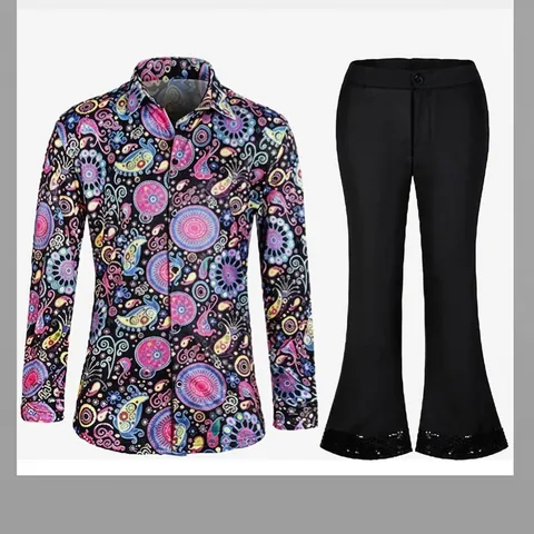 Men 70s Disco Outfit Retro Floral Milk Silk Shirt And Black Flare Pants Top And Bottom Vintage Stage Costume Party Clothing