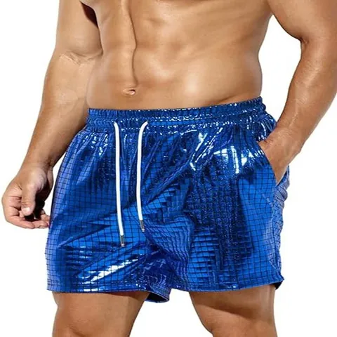 Men Metallic Shiny Spandex Beach Shorts Casual Western Drawstring Grid Texture Fashion Summer Party Bottoms