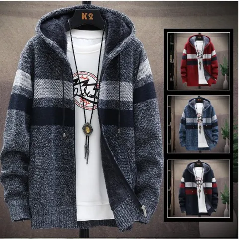 Men's Casual Color Block Striped Knit Cardigan Jacket Fleece Lined Hooded Zip Up Sweater Outerwear Warm Long Sleeve Top