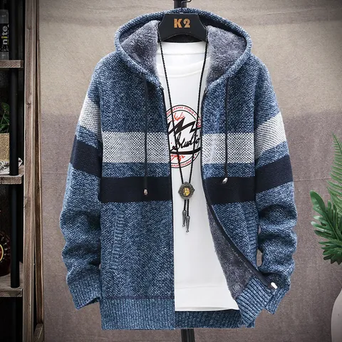 Men's Casual Color Block Striped Knit Cardigan Jacket Fleece Lined Hooded Zip Up Sweater Outerwear Warm Long Sleeve Top