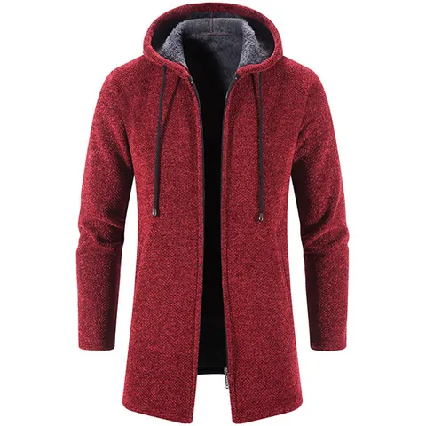 Cárdigan Largo con Capucha para Hombre Suéter de Poliéster con Forro de Felpa Chaqueta con Cremallera Cálido Casual Abrigo de Invierno