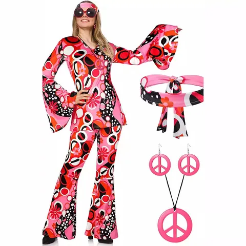 Women's Hippie Disco Costume Set 1970s Retro Pink Floral Printed Flared Sleeve Top And Flared Pants Outfit For Party Role Play