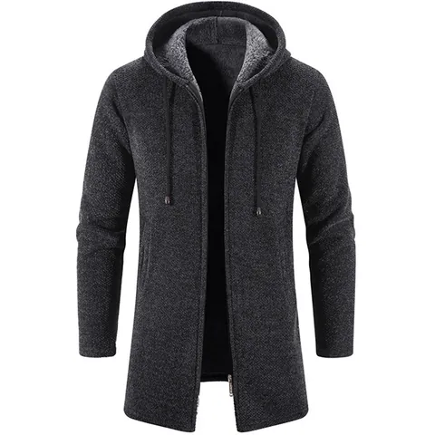 Cárdigan Largo con Capucha para Hombre Suéter de Poliéster con Forro de Felpa Chaqueta con Cremallera Cálido Casual Abrigo de Invierno