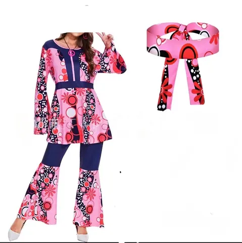 Women's Hippie Disco Costume Set 1970s Retro Pink Floral Printed Flared Sleeve Top And Flared Pants Outfit For Party Role Play