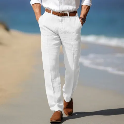 Men's Linen Pants Casual Straight Leg Lightweight Breathable Cotton Linen Trousers For Summer Beach Vacation Relaxed Fit Solid Color Business Casual Bottom