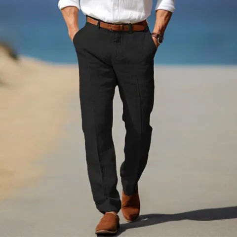 Men's Linen Pants Casual Straight Leg Lightweight Breathable Cotton Linen Trousers For Summer Beach Vacation Relaxed Fit Solid Color Business Casual Bottom
