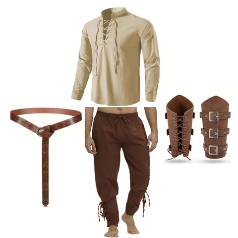 Ensemble Costume Pirate Médiéval Renaissance Homme Halloween Cosplay Chemise Vintage Pantalon