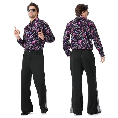 Men 70s Disco Performance Suit Paisley Print Top And Bottom With Silver Sequin Bell Bottom Pants Retro Party Outfit