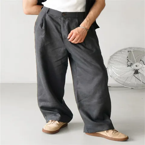 Men's Loose Cotton Linen Pleated High Waist Jogger Pants Breathable Casual Solid Color Trousers With Pockets Men Bottoms