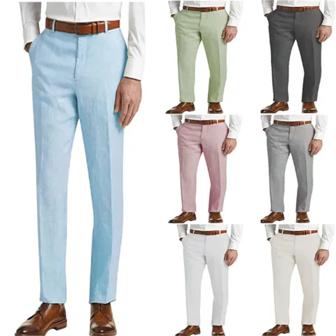 Men Casual Linen Trousers Mid Waist Straight Leg Breathable Urban Fashion Solid Color Outdoor Loose Fit Men Bottom Pants