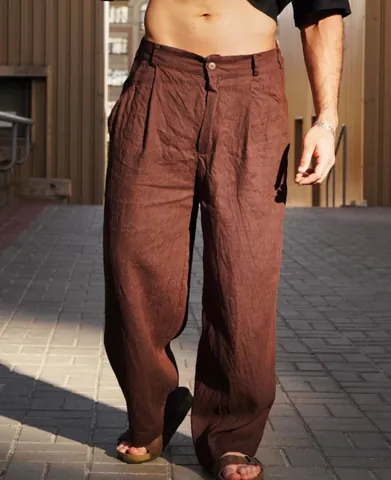 Men Summer Linen Pleated Wide Leg Pants Breathable Cotton Linen Casual Trousers Mid Waist Straight Jogger Bottoms