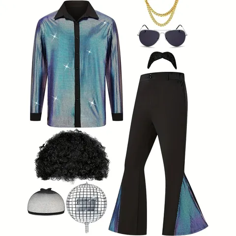 Mens Seventies Retro Disco Performance Costume Set Shiny Metallic Polyester Shirt Flared Bell Bottom Pants With Afro Wig Sunglasses Gold Chain Accessories