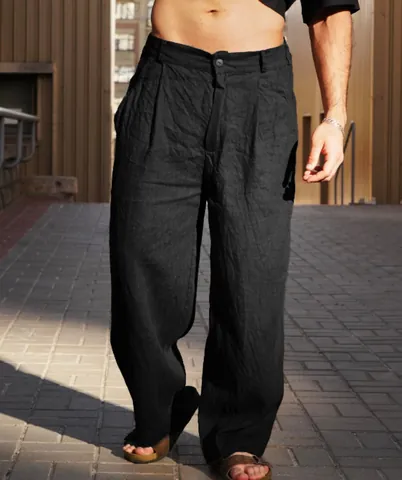 Men Summer Linen Pleated Wide Leg Pants Breathable Cotton Linen Casual Trousers Mid Waist Straight Jogger Bottoms