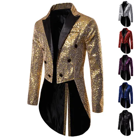 Heren Shiny Pailletten Schwalbenschwanz Pak Jas Slim Fit Mode Performance Banket Tuxedo Tailcoat Blazer Voor Podium Feest