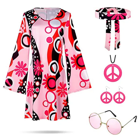 70s Hippie Disco Costume For Women Halloween Polyester Flare Sleeve Printed Dress And Headband Set Retro Party Outfits