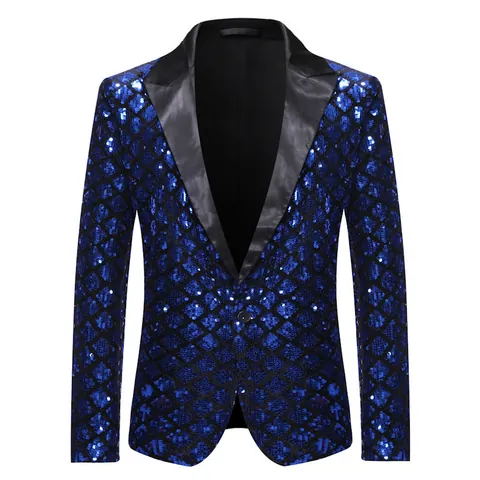 Heren Peak Lapel Pailletten Blazer Ruitpatroon Glanzend Slim Fit Jasje Voor Podium Optreden Feest Banket Bruiloft Hosting