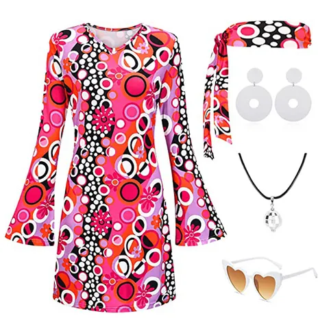 70s Hippie Disco Costume For Women Halloween Polyester Flare Sleeve Printed Dress And Headband Set Retro Party Outfits